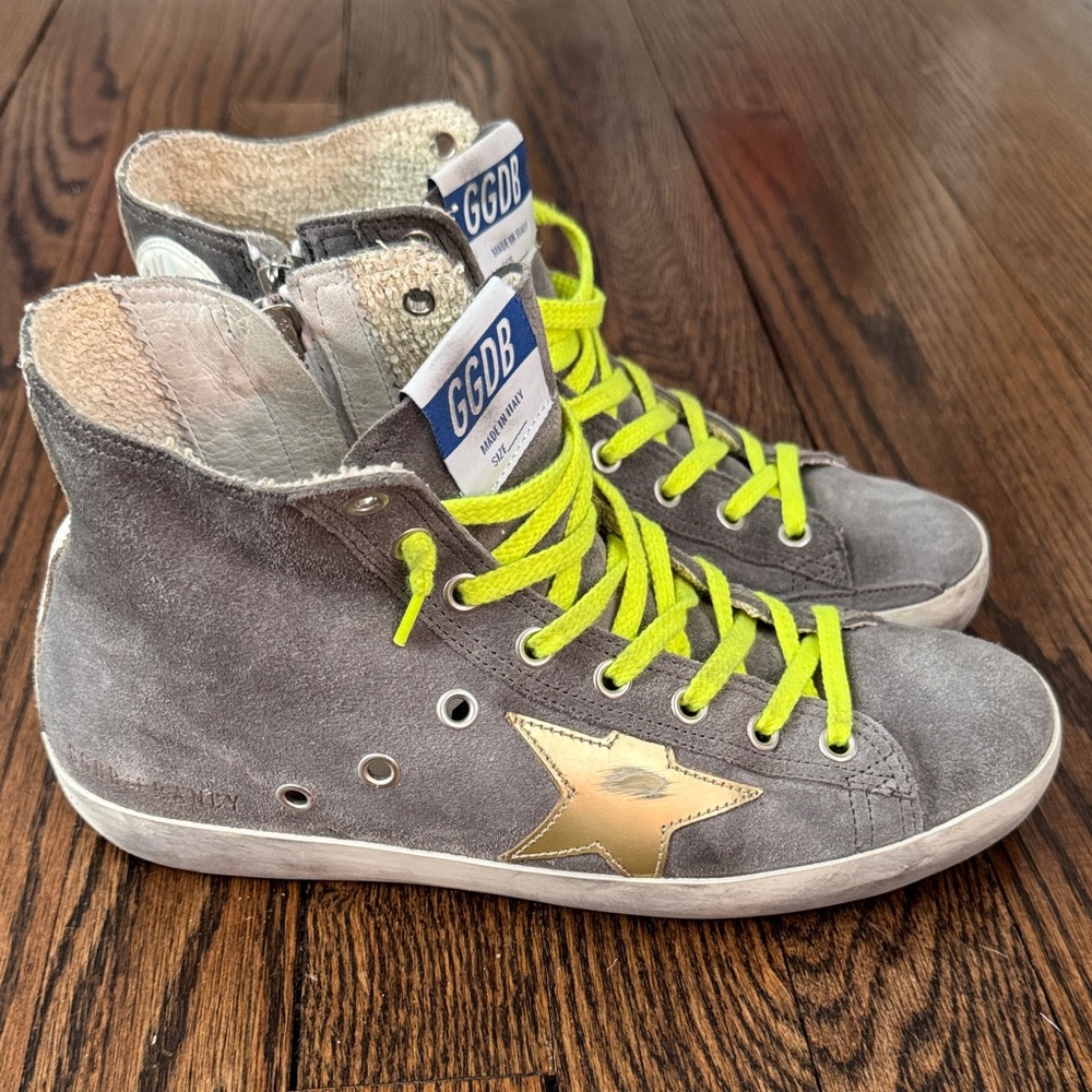 Golden Goose Gray Francy Sneakers with Neon Yellow Laces